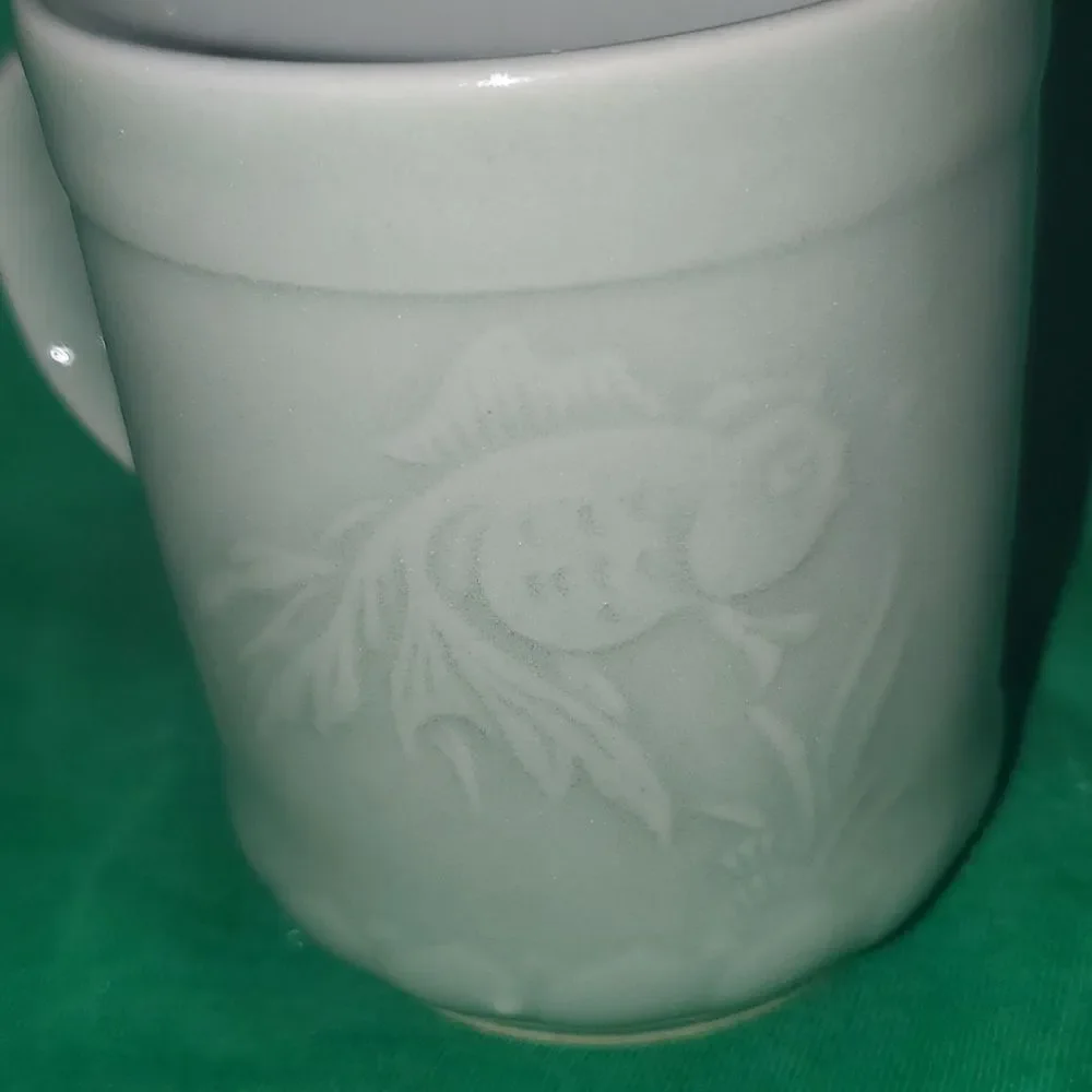 Vintage Longquan Celadon Koi Carp Fish Tea Coffee Cup 8 0z.